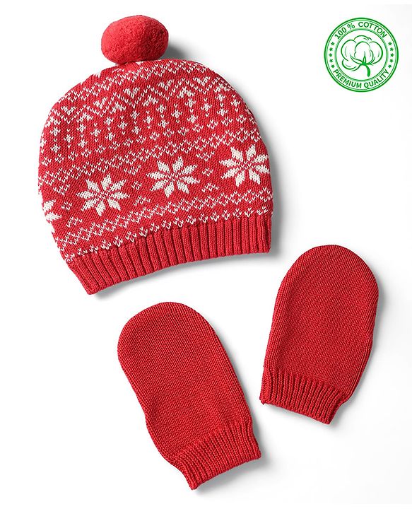 Babyhug Organic 100% Cotton Knit Woollen Cap & Mittens With Floral Design Red - Diameter 11 cm