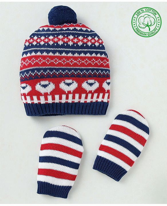 Babyhug Organic 100% Cotton Knit Woollen Caps and Sets With Geometric Design Navy Blue - Diameter 14 cm