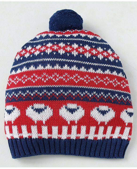 Babyhug Organic 100% Cotton Knit Woollen Caps and Sets With Geometric Design Navy Blue - Diameter 14 cm