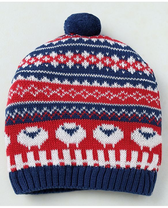 Babyhug Organic 100% Cotton Knit Woollen Caps and Sets With Geometric Design Navy Blue - Diameter 14 cm