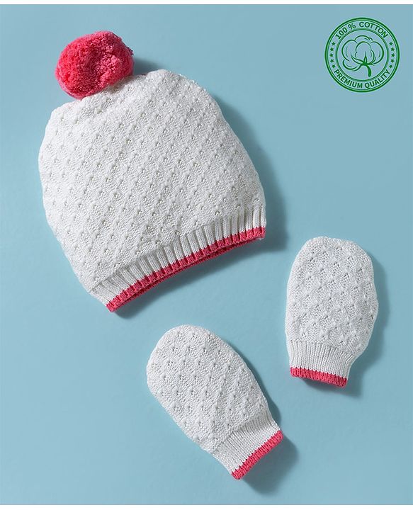 Babyhug 100% Cotton Knit Woollen Cap & Mittens White - Diameter 15 cm