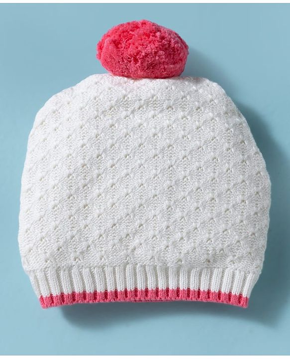 Babyhug 100% Cotton Knit Woollen Cap & Mittens White - Diameter 15 cm