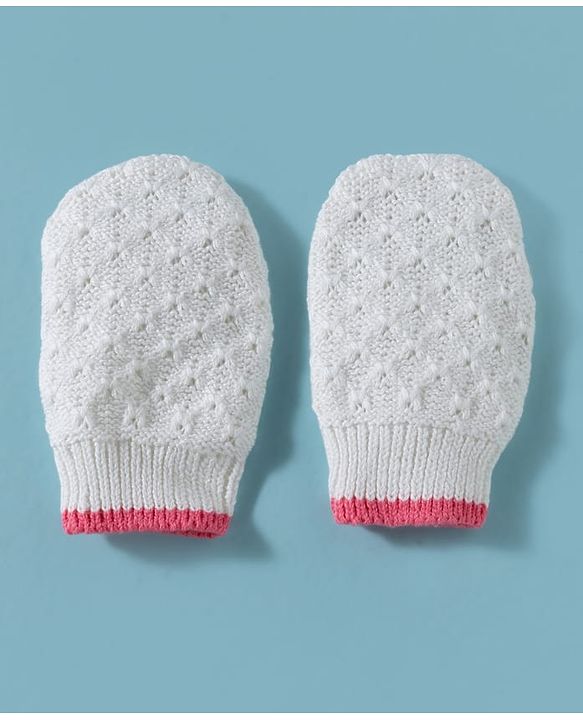 Babyhug 100% Cotton Knit Woollen Cap & Mittens White - Diameter 15 cm
