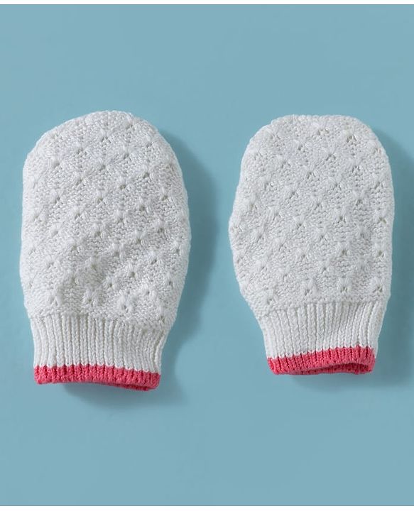 Babyhug 100% Cotton Knit Woollen Cap & Mittens White - Diameter 15 cm