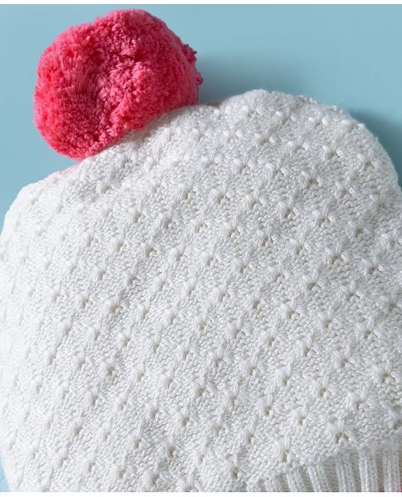 Babyhug 100% Cotton Knit Woollen Cap & Mittens White - Diameter 15 cm