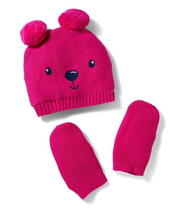 Babyhug 100% Cotton Knit Woollen Cap & Mittens With Bear Embroidery Fuchsia - Diameter 15 cm