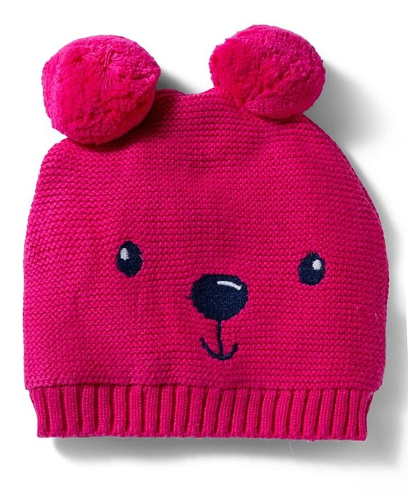 Babyhug 100% Cotton Knit Woollen Cap & Mittens With Bear Embroidery Fuchsia - Diameter 15 cm