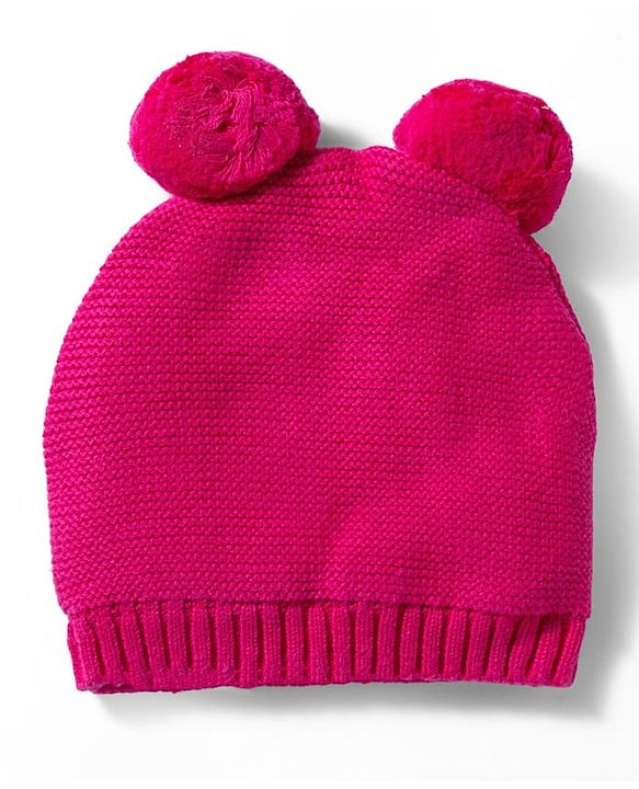 Babyhug 100% Cotton Knit Woollen Cap & Mittens With Bear Embroidery Fuchsia - Diameter 15 cm