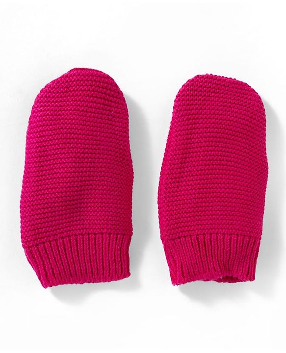 Babyhug 100% Cotton Knit Woollen Cap & Mittens With Bear Embroidery Fuchsia - Diameter 15 cm