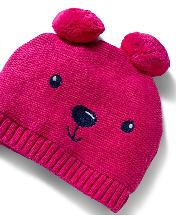 Babyhug 100% Cotton Knit Woollen Cap & Mittens With Bear Embroidery Fuchsia - Diameter 15 cm