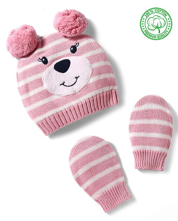 Babyhug 100% Cotton Knit Woollen Striped Cap & Mittens With Bear Embroidery Pink - Diameter 11 cm