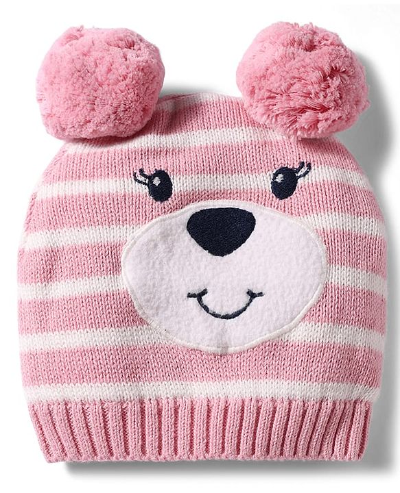 Babyhug 100% Cotton Knit Woollen Striped Cap & Mittens With Bear Embroidery Pink - Diameter 11 cm
