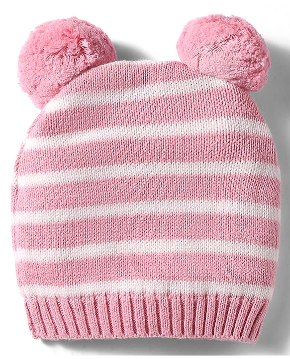 Babyhug 100% Cotton Knit Woollen Striped Cap & Mittens With Bear Embroidery Pink - Diameter 11 cm
