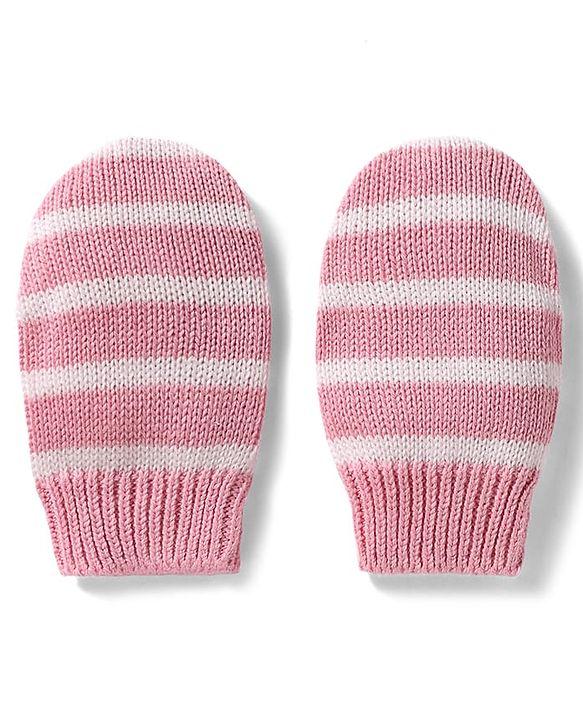Babyhug 100% Cotton Knit Woollen Striped Cap & Mittens With Bear Embroidery Pink - Diameter 11 cm