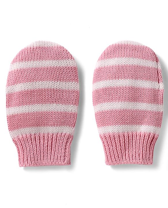 Babyhug 100% Cotton Knit Woollen Striped Cap & Mittens With Bear Embroidery Pink - Diameter 11 cm