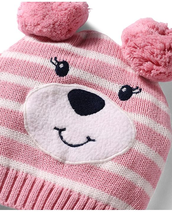 Babyhug 100% Cotton Knit Woollen Striped Cap & Mittens With Bear Embroidery Pink - Diameter 11 cm