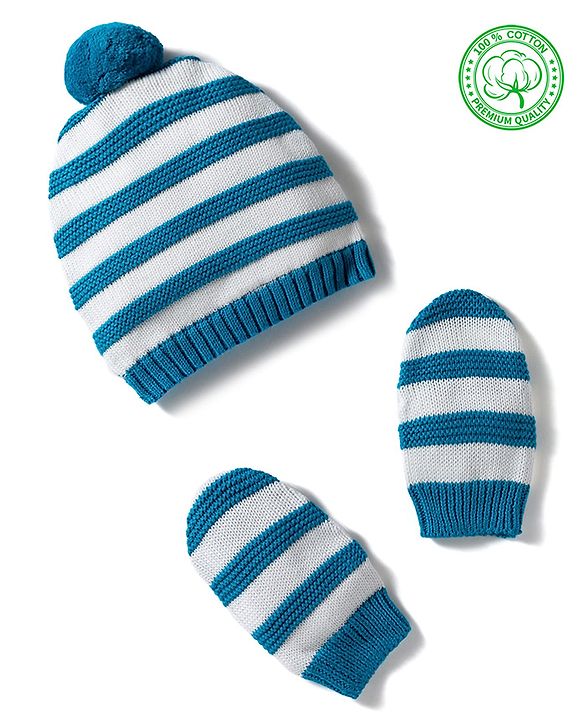 Babyhug 100% Cotton Knit Striped Woollen Cap Mittens & Booties Set Blue - Diameter 15 cm