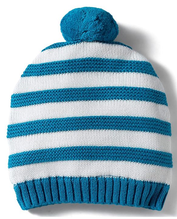 Babyhug 100% Cotton Knit Striped Woollen Cap Mittens & Booties Set Blue - Diameter 15 cm