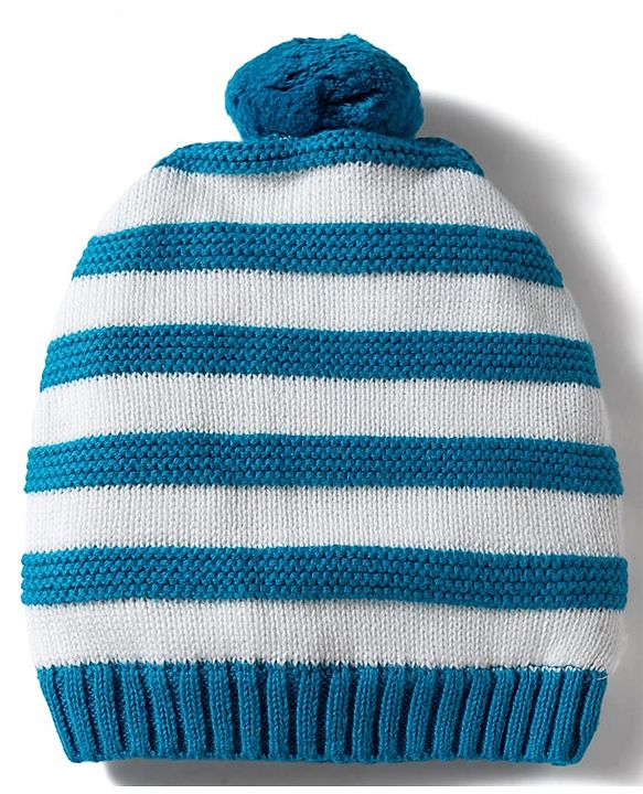 Babyhug 100% Cotton Knit Striped Woollen Cap Mittens & Booties Set Blue - Diameter 15 cm