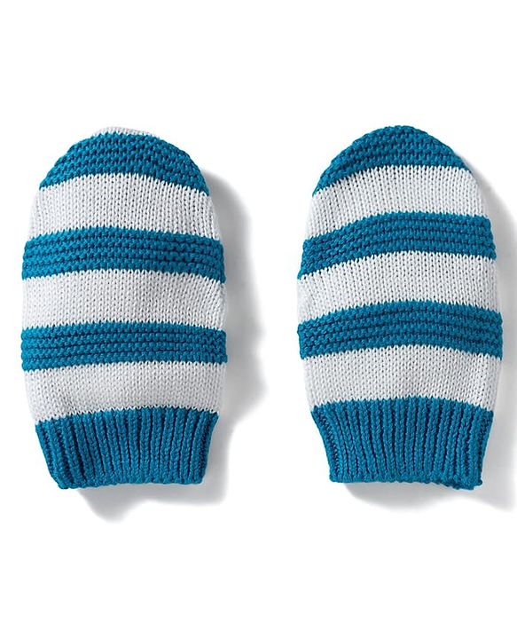 Babyhug 100% Cotton Knit Striped Woollen Cap Mittens & Booties Set Blue - Diameter 15 cm