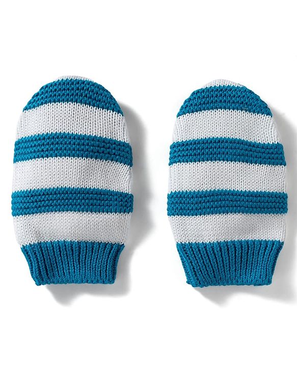 Babyhug 100% Cotton Knit Striped Woollen Cap Mittens & Booties Set Blue - Diameter 15 cm