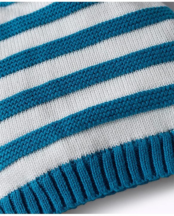 Babyhug 100% Cotton Knit Striped Woollen Cap Mittens & Booties Set Blue - Diameter 15 cm