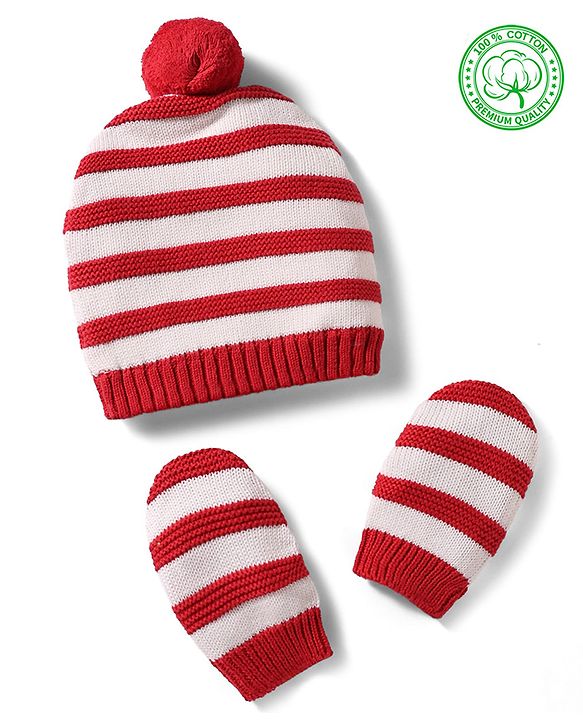 Babyhug 100% Cotton Knit Woollen Striped Cap & Mittens Red & White - Diameter 11 cm