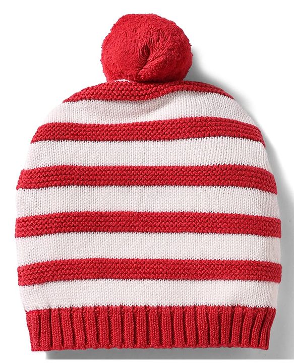 Babyhug 100% Cotton Knit Woollen Striped Cap & Mittens Red & White - Diameter 11 cm