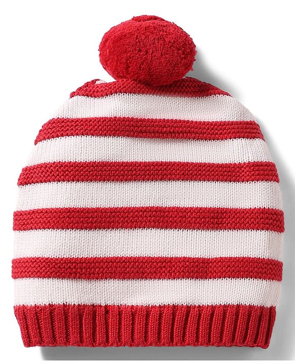 Babyhug 100% Cotton Knit Woollen Striped Cap & Mittens Red & White - Diameter 11 cm