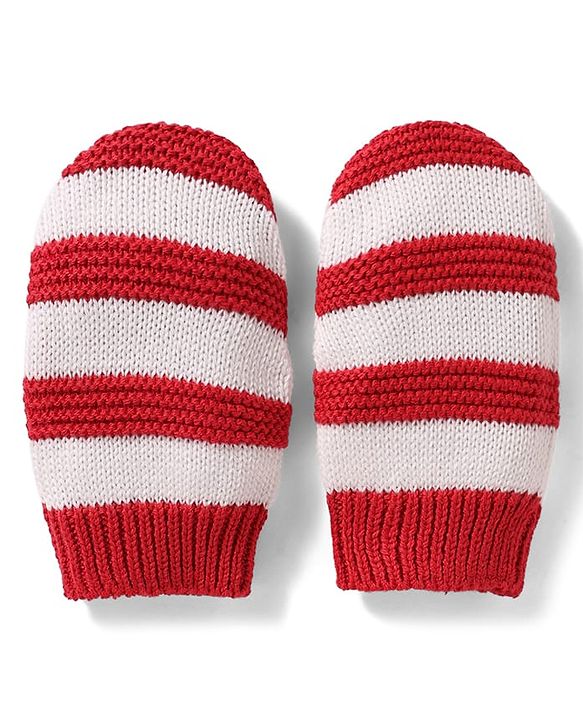 Babyhug 100% Cotton Knit Woollen Striped Cap & Mittens Red & White - Diameter 11 cm