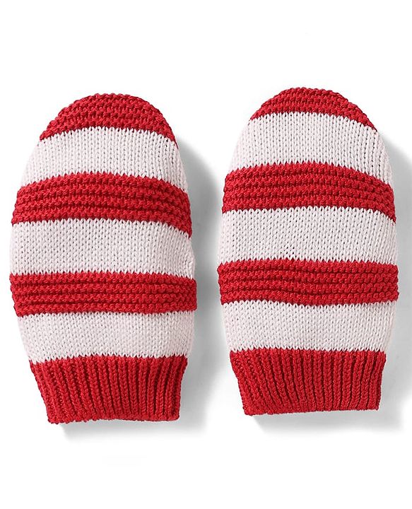 Babyhug 100% Cotton Knit Woollen Striped Cap & Mittens Red & White - Diameter 11 cm