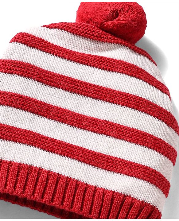 Babyhug 100% Cotton Knit Woollen Striped Cap & Mittens Red & White - Diameter 11 cm