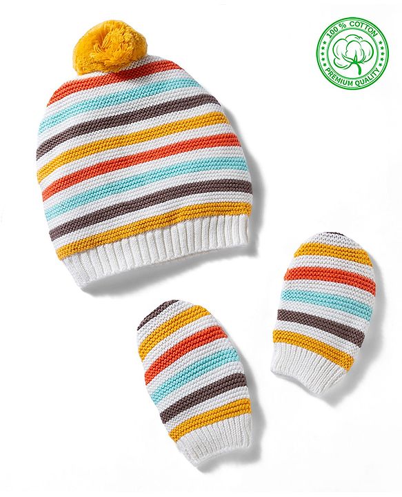 Babyhug 100% Cotton Knit Striped Woollen Cap & Mittens Multicolor - Diameter 15 cm