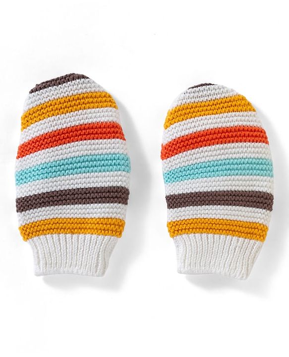 Babyhug 100% Cotton Knit Striped Woollen Cap & Mittens Multicolor - Diameter 15 cm