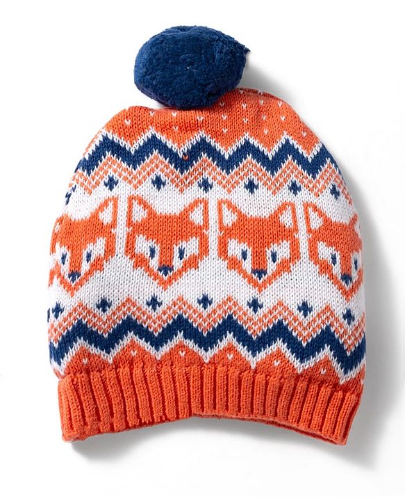 Babyhug 100% Cotton Sweater Knit Woollen Cap & Mittens With Fox Design Orange - Diameter 15 cm