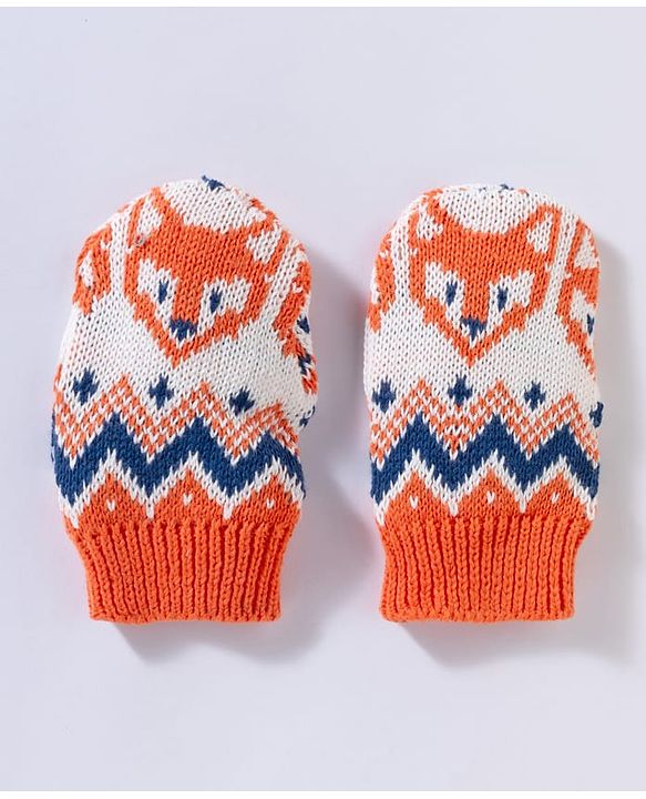 Babyhug 100% Cotton Sweater Knit Woollen Cap & Mittens With Fox Design Orange - Diameter 15 cm
