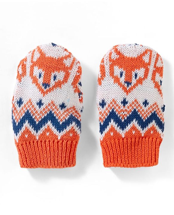Babyhug 100% Cotton Sweater Knit Woollen Cap & Mittens With Fox Design Orange - Diameter 15 cm