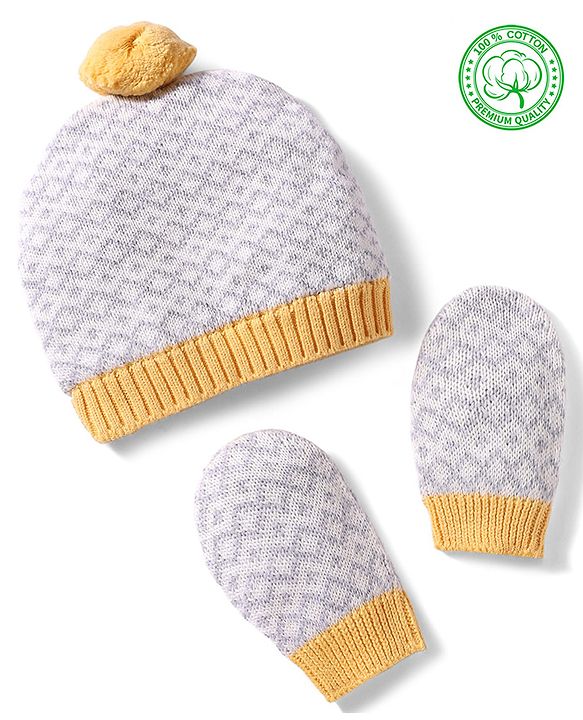 Babyhug 100% Cotton Knit Woollen Cap & Mittens With Geometric Design Grey- Diameter 12 cm