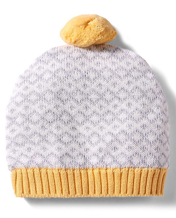 Babyhug 100% Cotton Knit Woollen Cap & Mittens With Geometric Design Grey- Diameter 12 cm