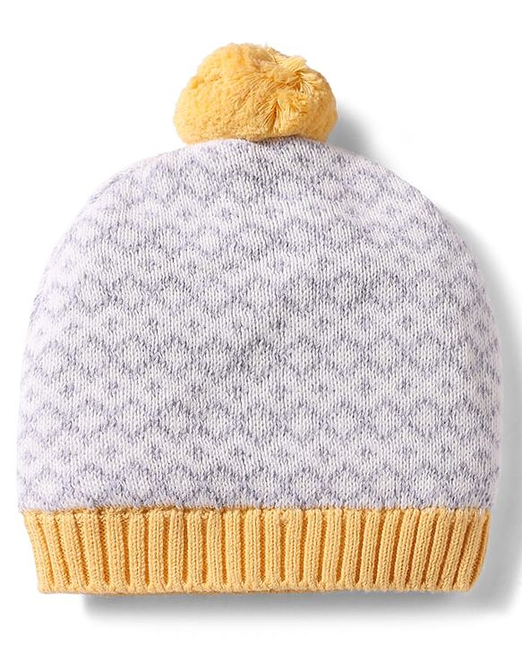 Babyhug 100% Cotton Knit Woollen Cap & Mittens With Geometric Design Grey- Diameter 12 cm