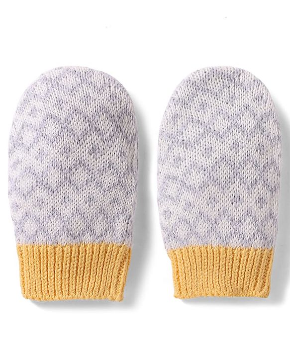 Babyhug 100% Cotton Knit Woollen Cap & Mittens With Geometric Design Grey- Diameter 12 cm