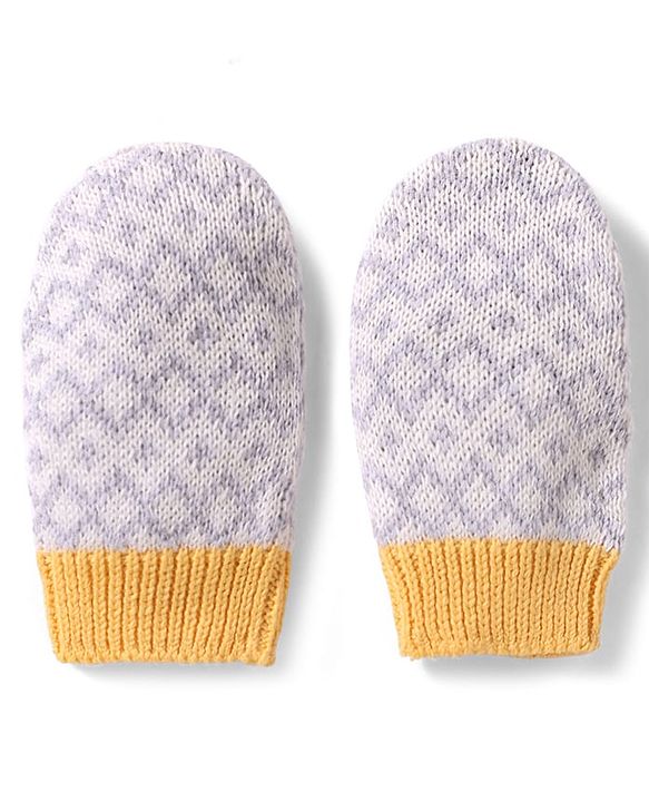 Babyhug 100% Cotton Knit Woollen Cap & Mittens With Geometric Design Grey- Diameter 12 cm
