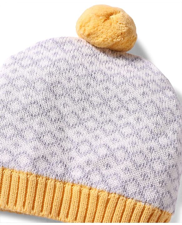 Babyhug 100% Cotton Knit Woollen Cap & Mittens With Geometric Design Grey- Diameter 12 cm