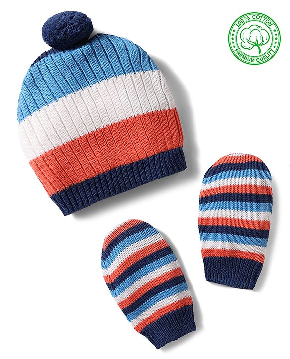 Babyhug 100% Cotton Knit Woollen Cap & Mittens With Striped Design Multicolor- Diameter 12 cm
