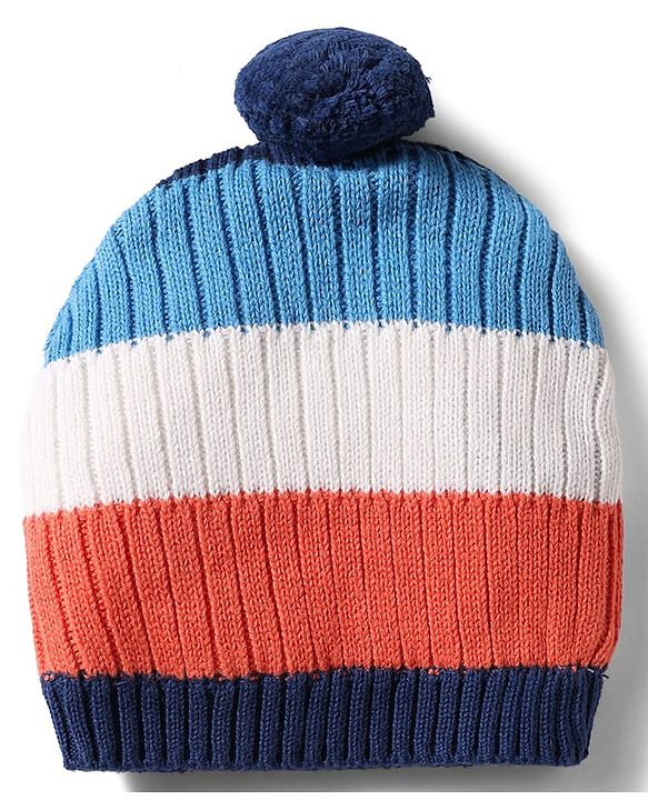 Babyhug 100% Cotton Knit Woollen Cap & Mittens With Striped Design Multicolor- Diameter 12 cm