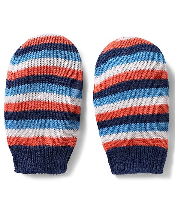 Babyhug 100% Cotton Knit Woollen Cap & Mittens With Striped Design Multicolor- Diameter 12 cm