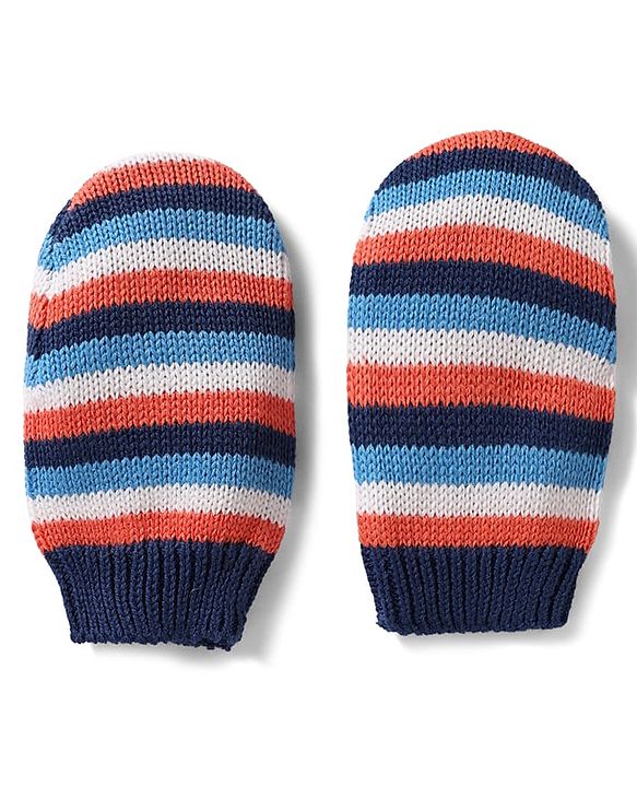 Babyhug 100% Cotton Knit Woollen Cap & Mittens With Striped Design Multicolor- Diameter 12 cm