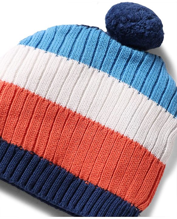 Babyhug 100% Cotton Knit Woollen Cap & Mittens With Striped Design Multicolor- Diameter 12 cm