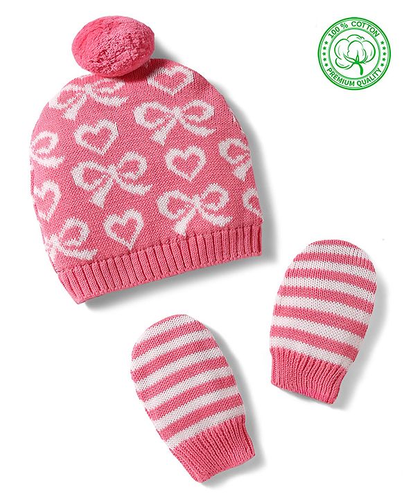 Babyhug 100% Cotton Knit Woollen Cap & Mittens With Bow Design Pink- Diameter 10 cm