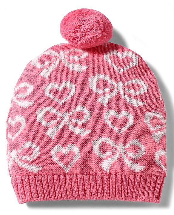 Babyhug 100% Cotton Knit Woollen Cap & Mittens With Bow Design Pink- Diameter 10 cm